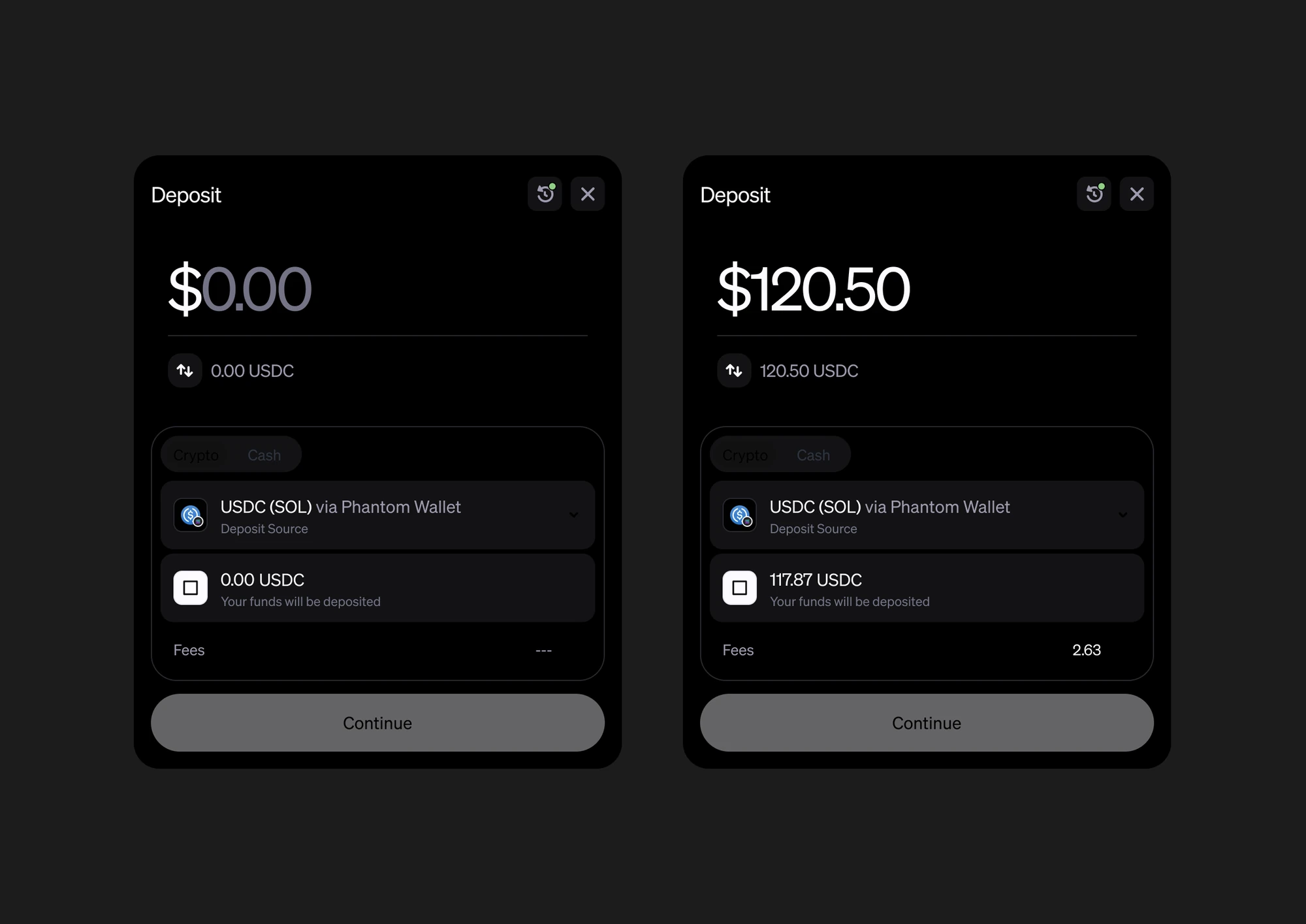 Version 4 from the Deposit refresh page: $0.00 at the top, method and token dropdown below it, destination row and fees underneath. Swap the stand-in merchant name before export.