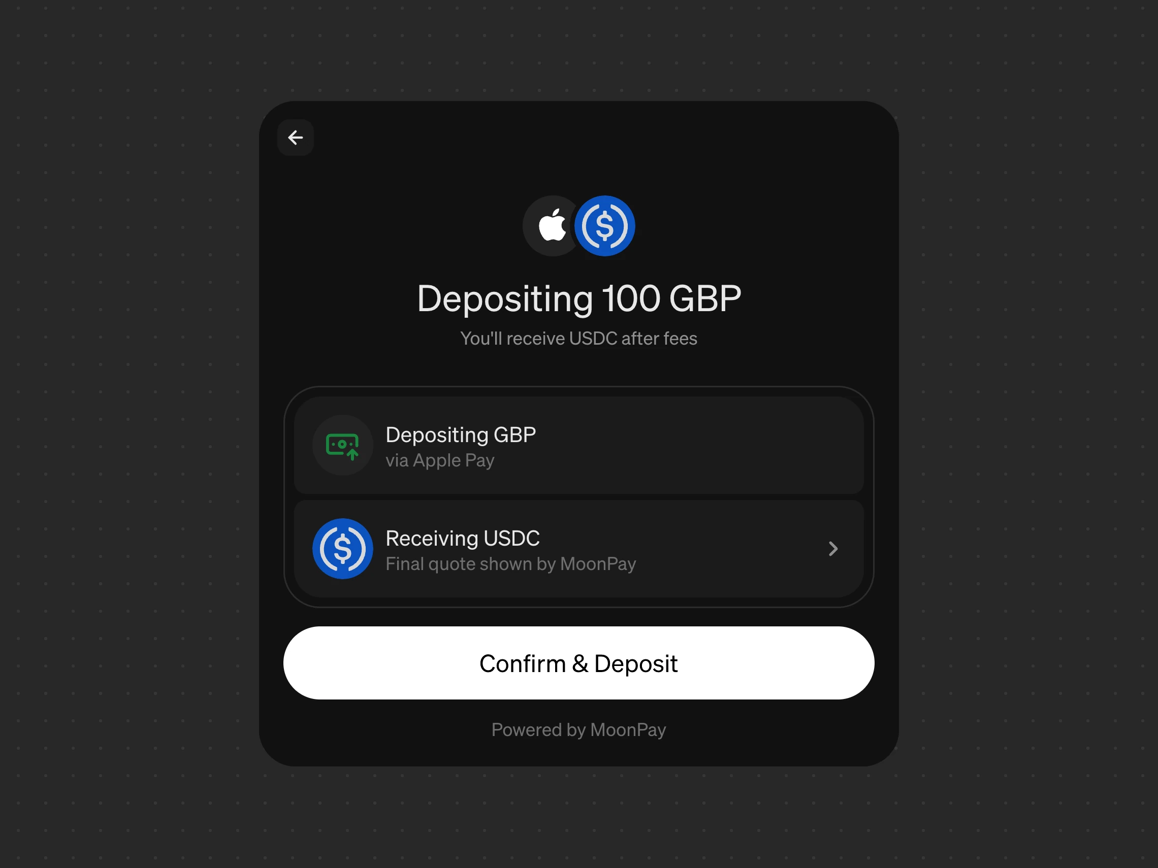 Apple Pay confirmation from the live demo: depositing 100 GBP via Apple Pay, receiving USDC, final quote shown by MoonPay.