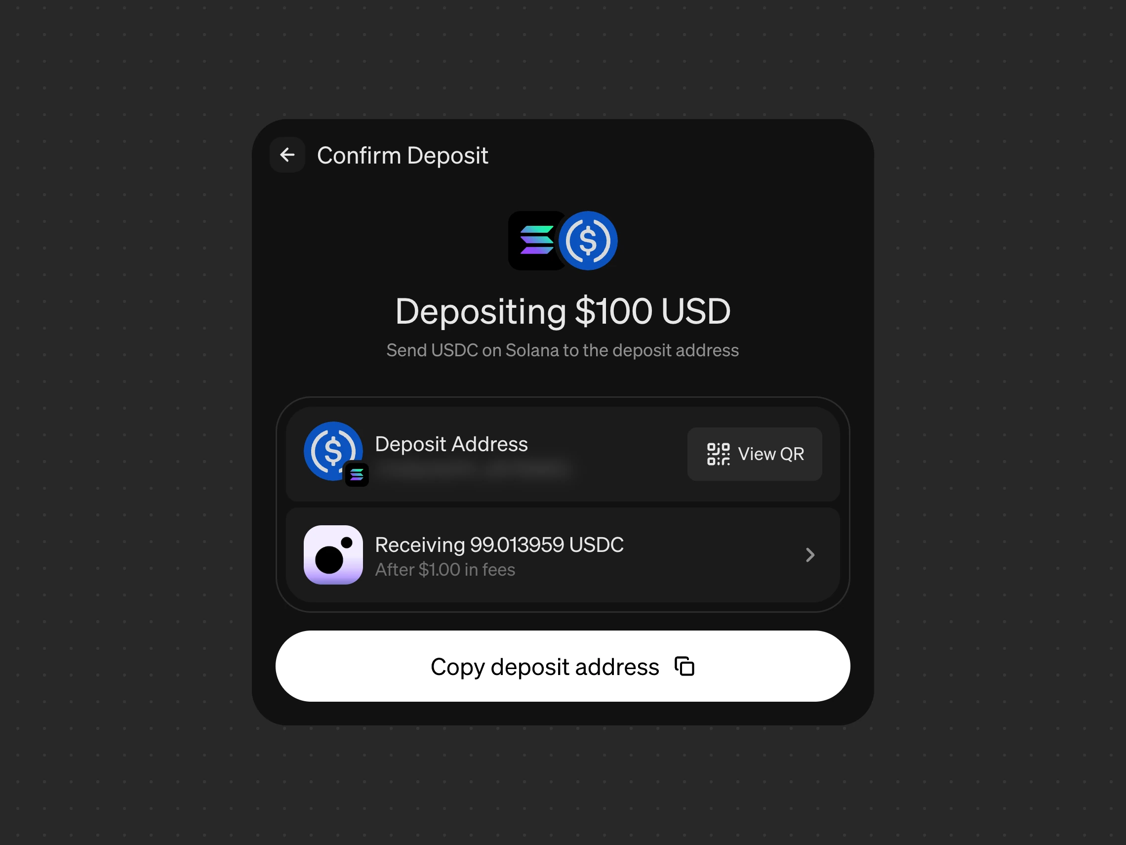 Manual transfer confirmation from the live demo: depositing $100 as USDC on Solana, the deposit address (blurred) and the amount received after fees.