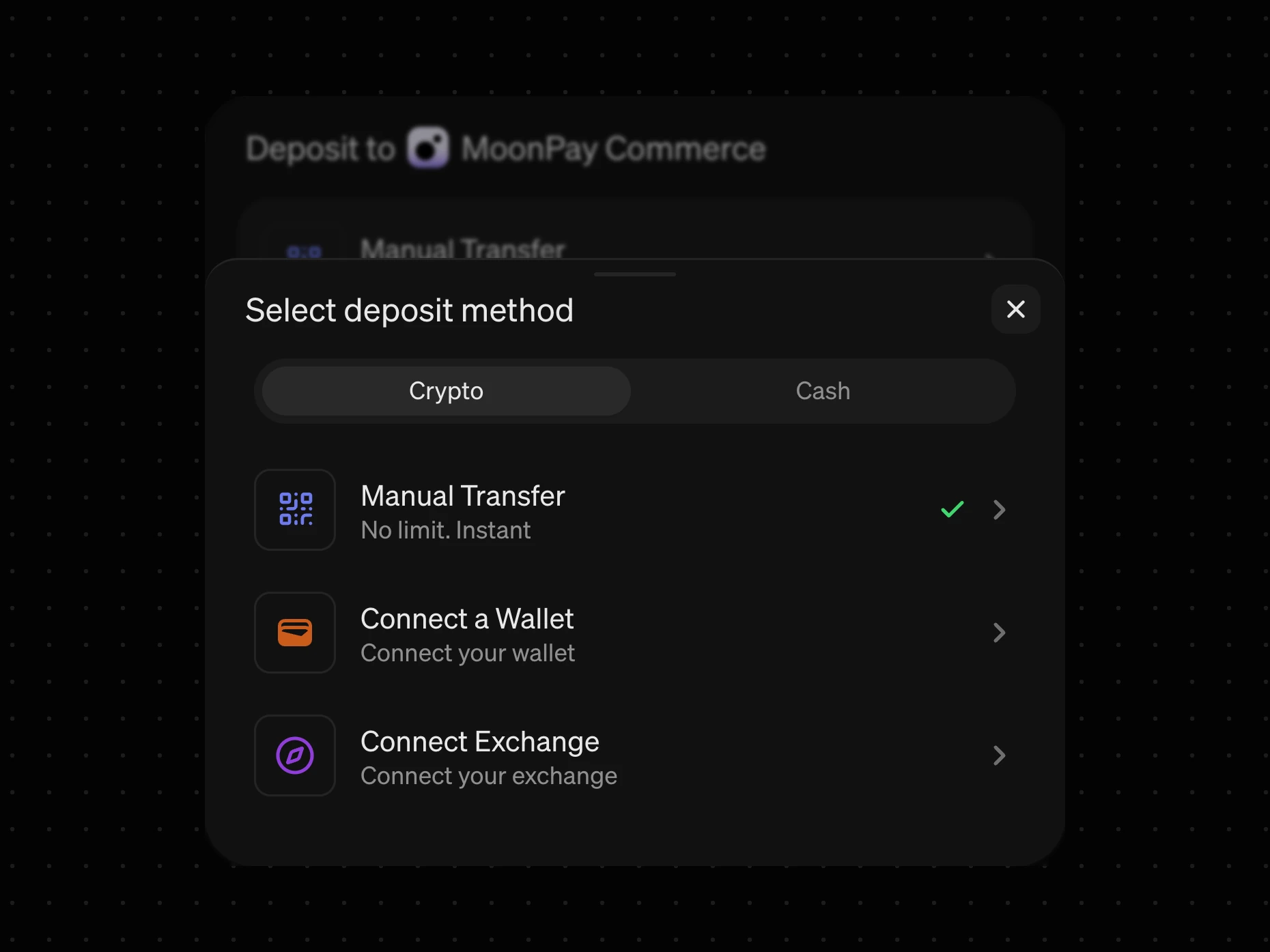 The live v2 demo with the method drawer open on the Crypto tab — Manual Transfer ticked, Connect a Wallet, Connect Exchange — and the config dimmed behind it. Keep the top of the config in view; the point is the part that has not moved.