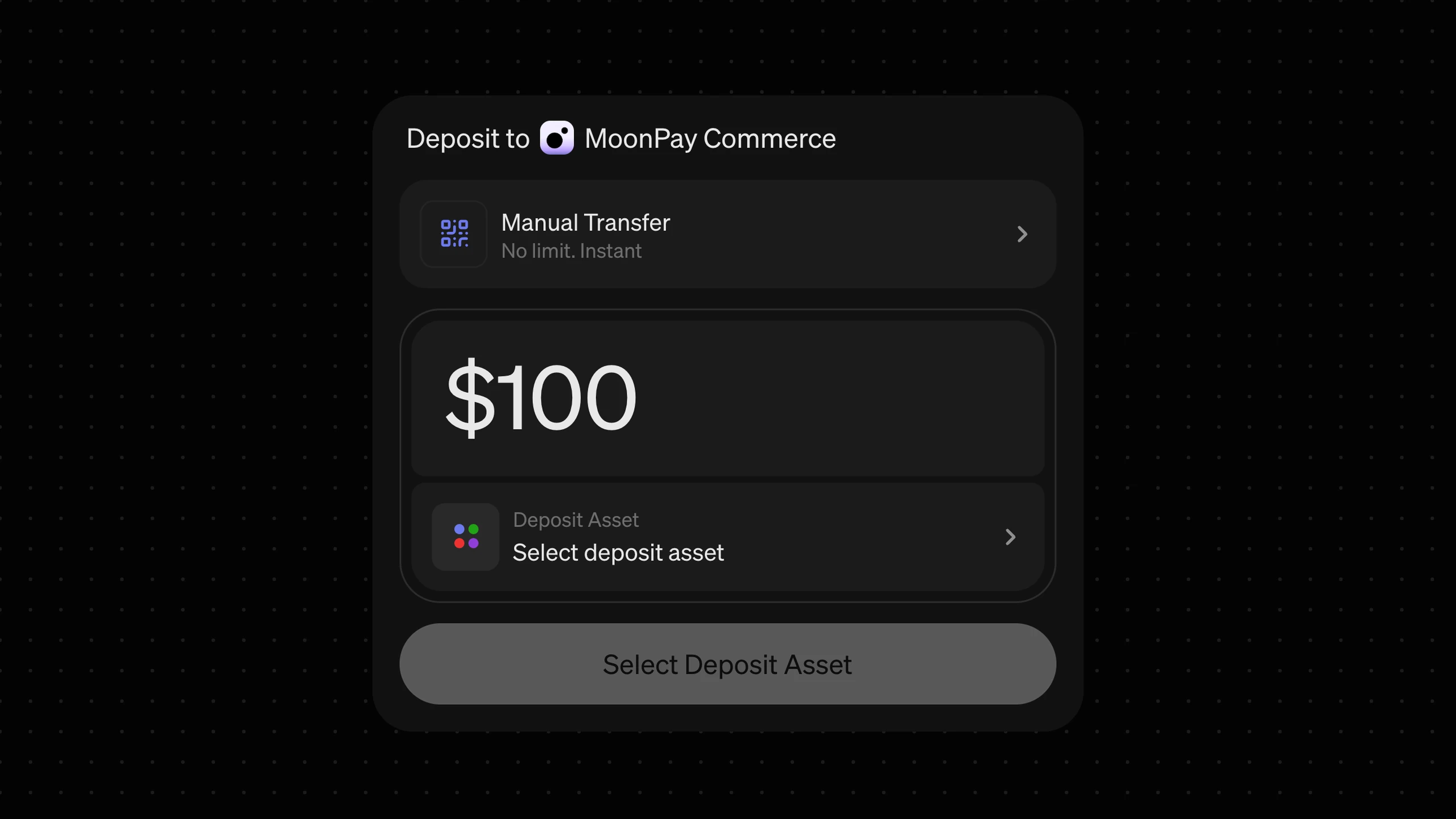The config screen at rest, from the live v2 demo, Mono theme, dark. Method row on top with Manual Transfer set, the amount large in the middle, deposit asset below. Nothing open. The opening slot, so frame it for presence rather than for the argument.