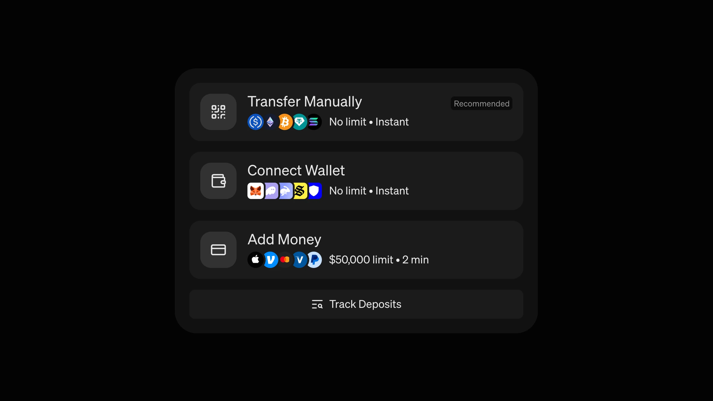 The old deposit widget from demo.hel.io, Deposit tab: Transfer Manually, Connect Wallet, Add Money, with no amount anywhere on the screen.