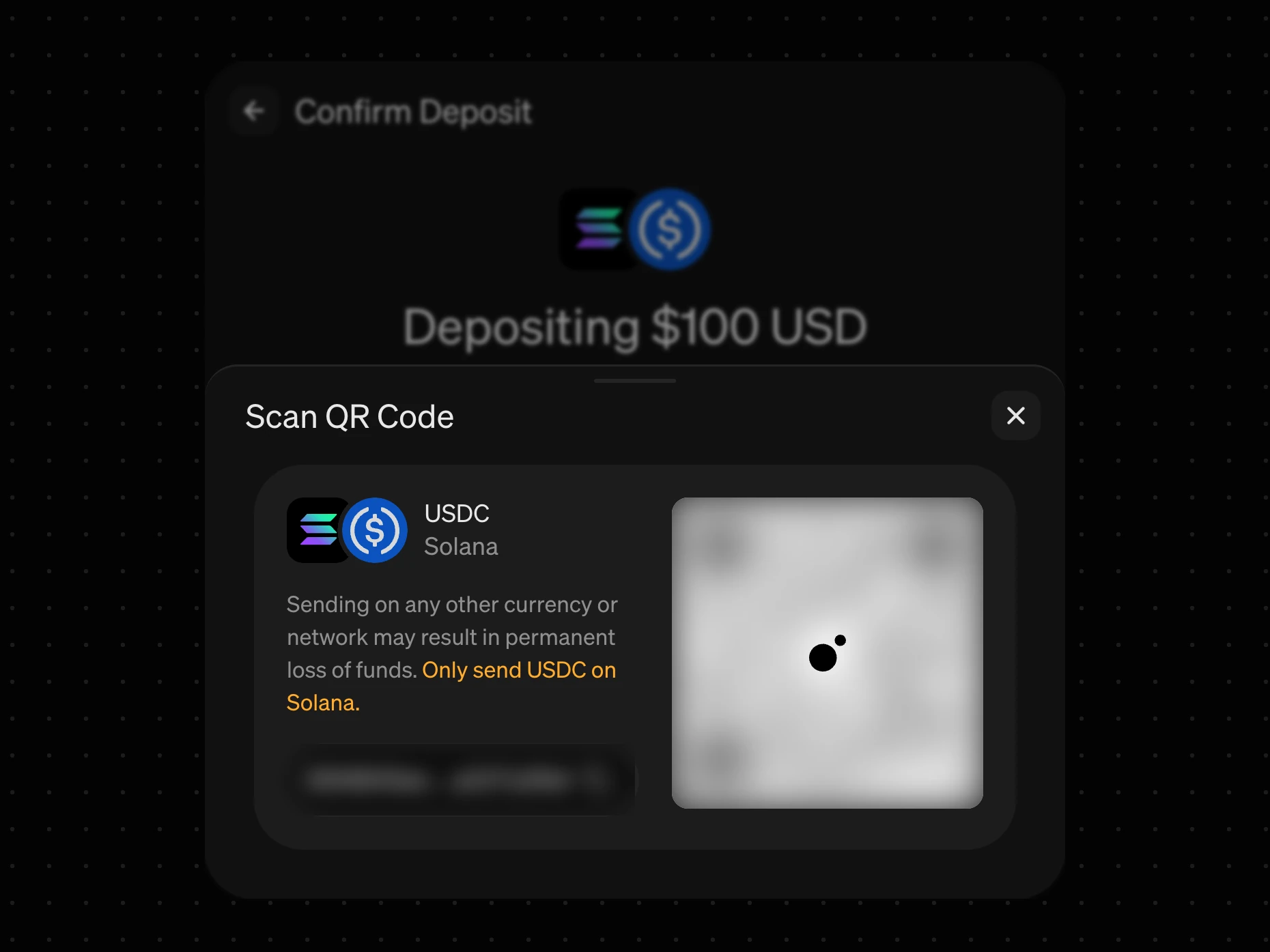 The manual-transfer QR drawer from the live v2 demo: USDC on Solana, the loss-of-funds warning, and the QR and address blurred, because a real address on a portfolio invites a real deposit.