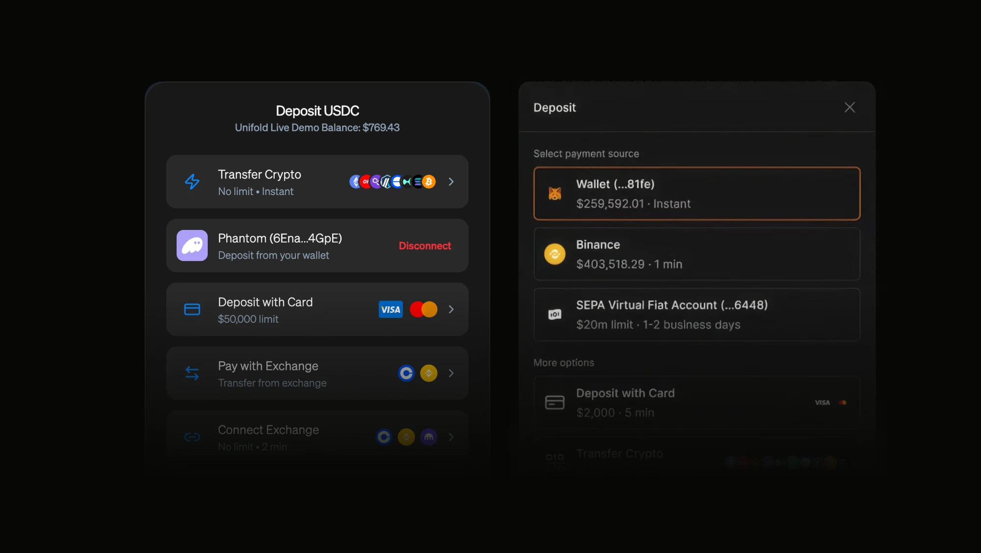 Two competitor deposit widgets side by side, each opening on a list of payment rails: transfer crypto, wallet, card, exchange.