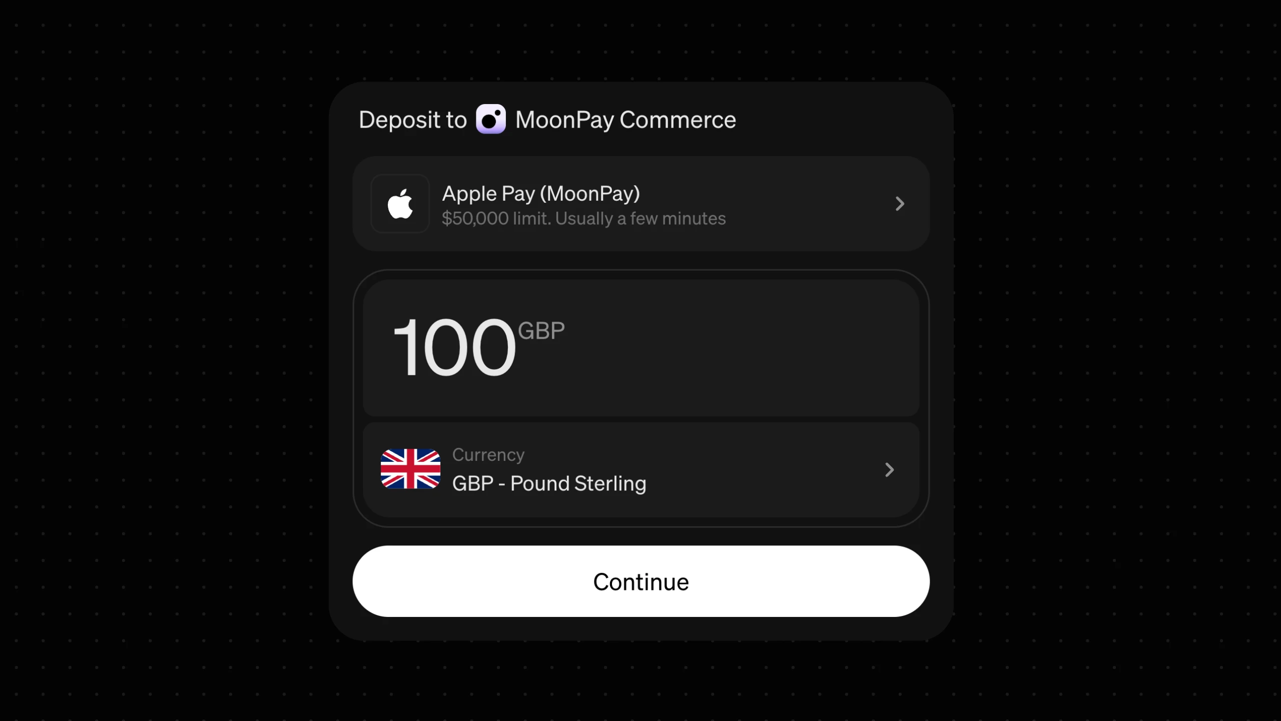 The returning-user state: Apple Pay already set as the method from last time, 100 GBP entered and Continue ready.