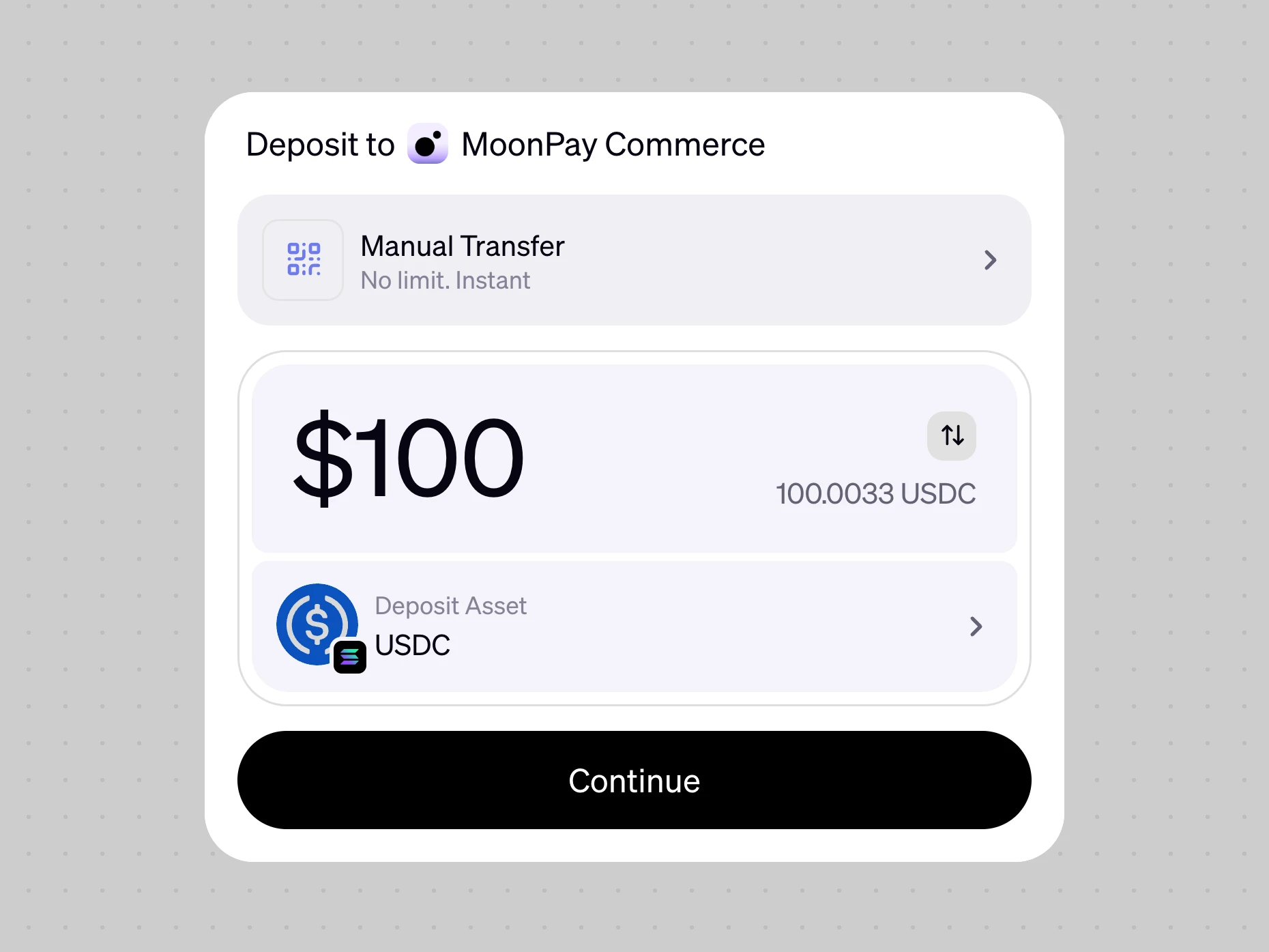 The deposit widget in a light theme: white card, lavender rows, black pill button, $100 in USDC on Solana ready to continue.