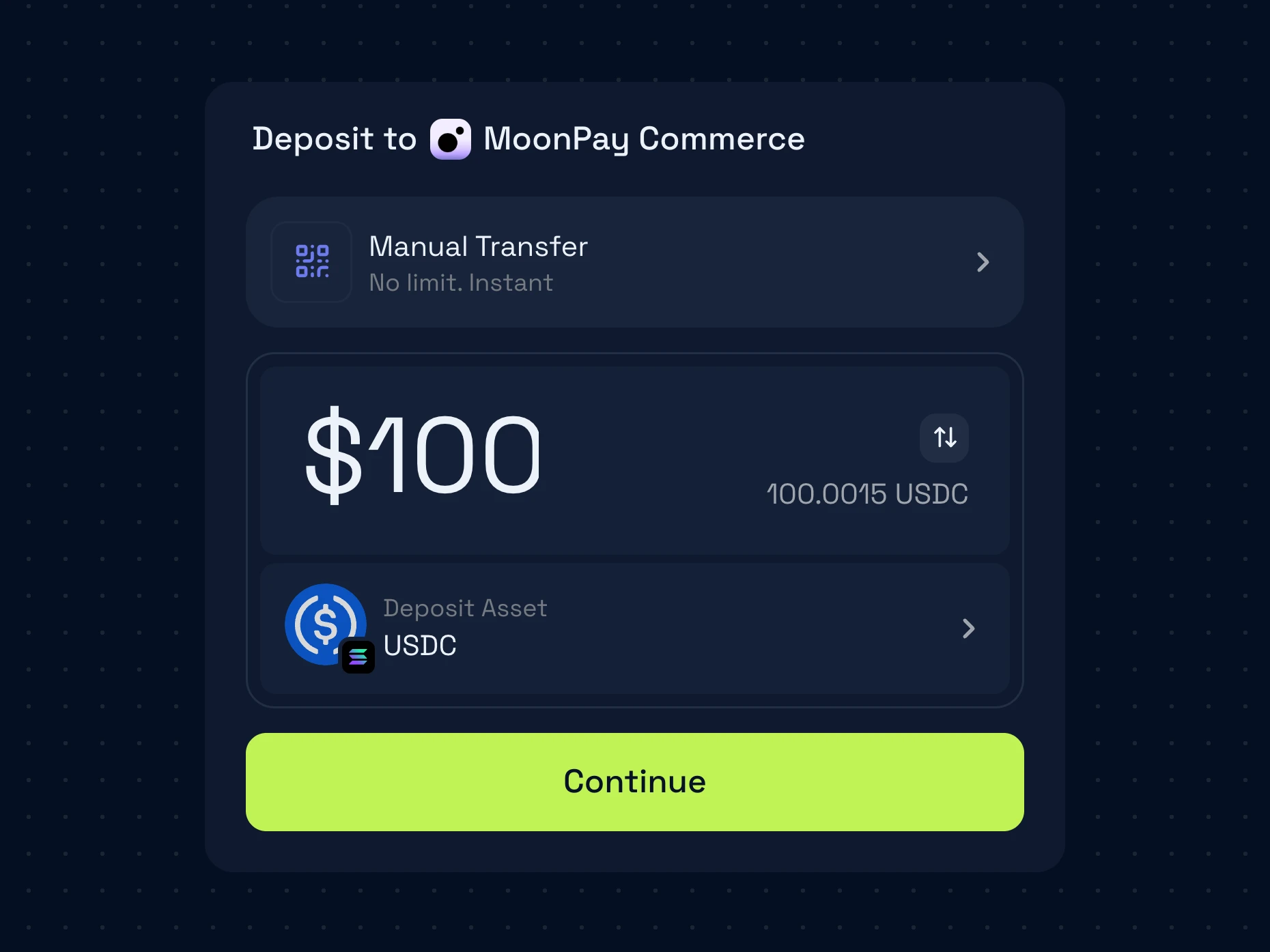 The same widget and state in a navy theme with a lime button and a different typeface. Layout and components are identical to the light version.