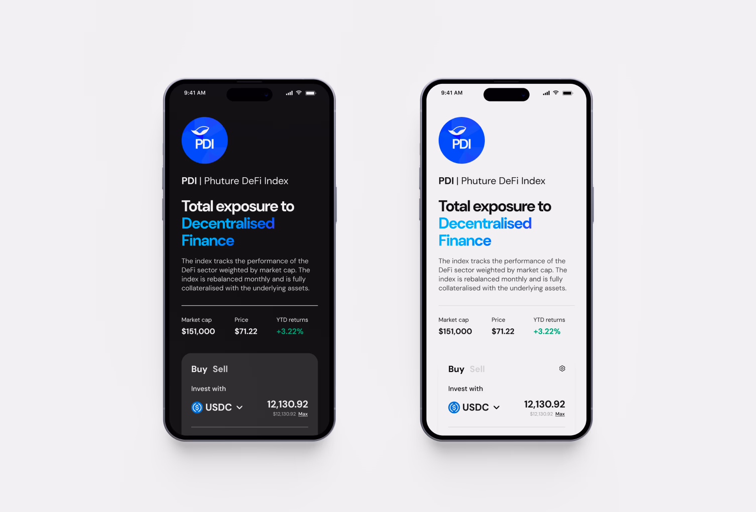 The same product page on mobile, in dark and light themes