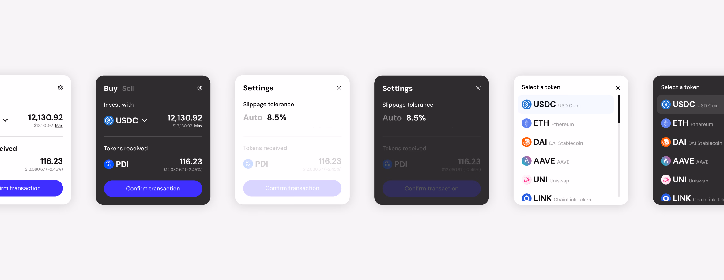 A sequence of panels: buy, settings with slippage tolerance, and the asset selector, in light and dark