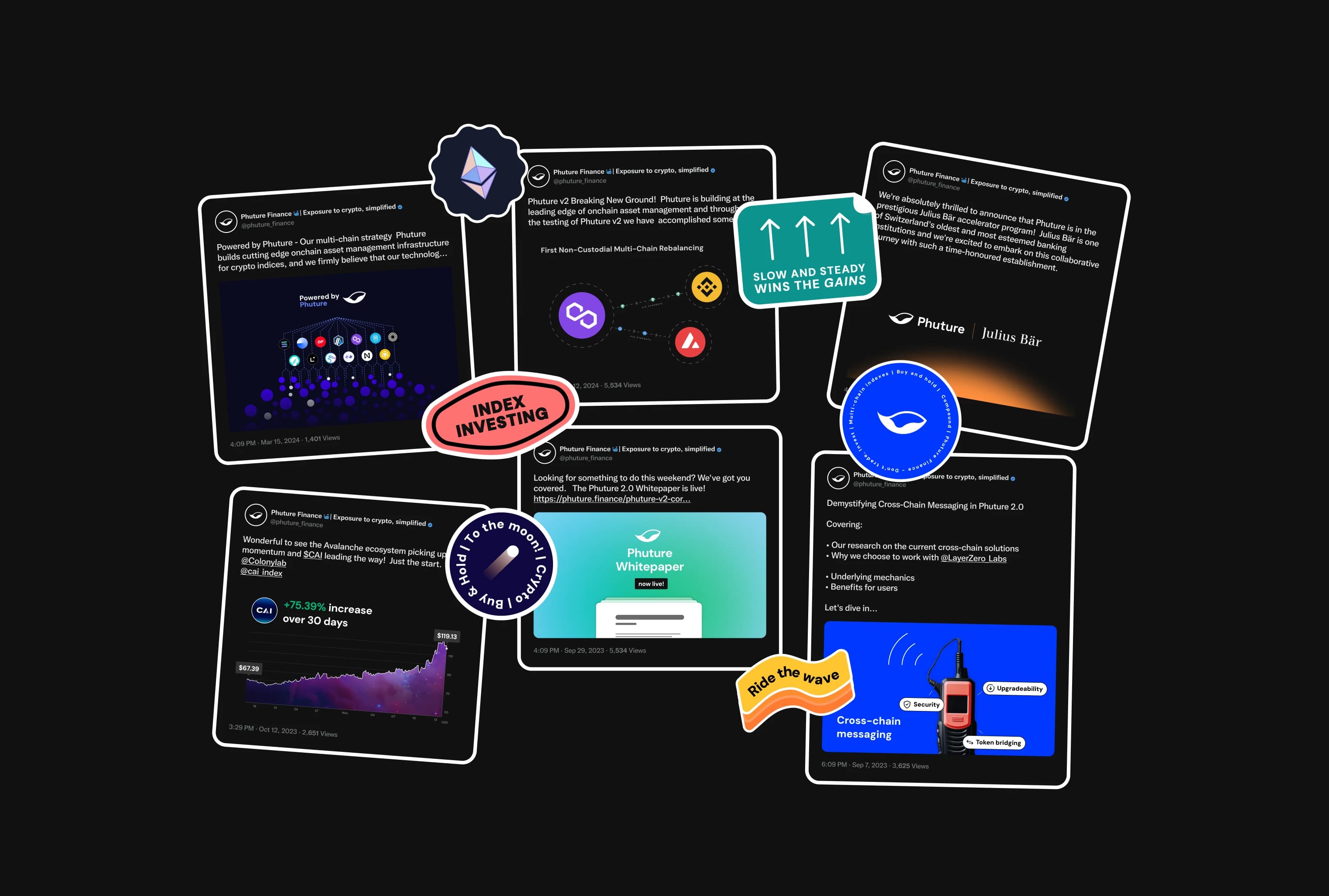 A wall of Phuture social posts, campaign stickers and announcement graphics