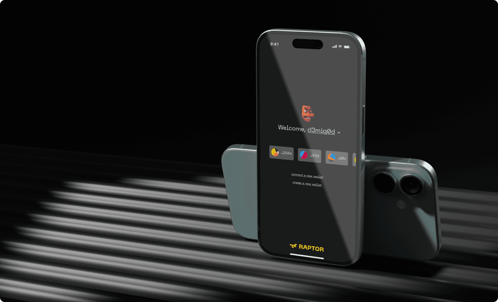 The Raptor welcome screen on a phone, showing account selection and options to connect or create