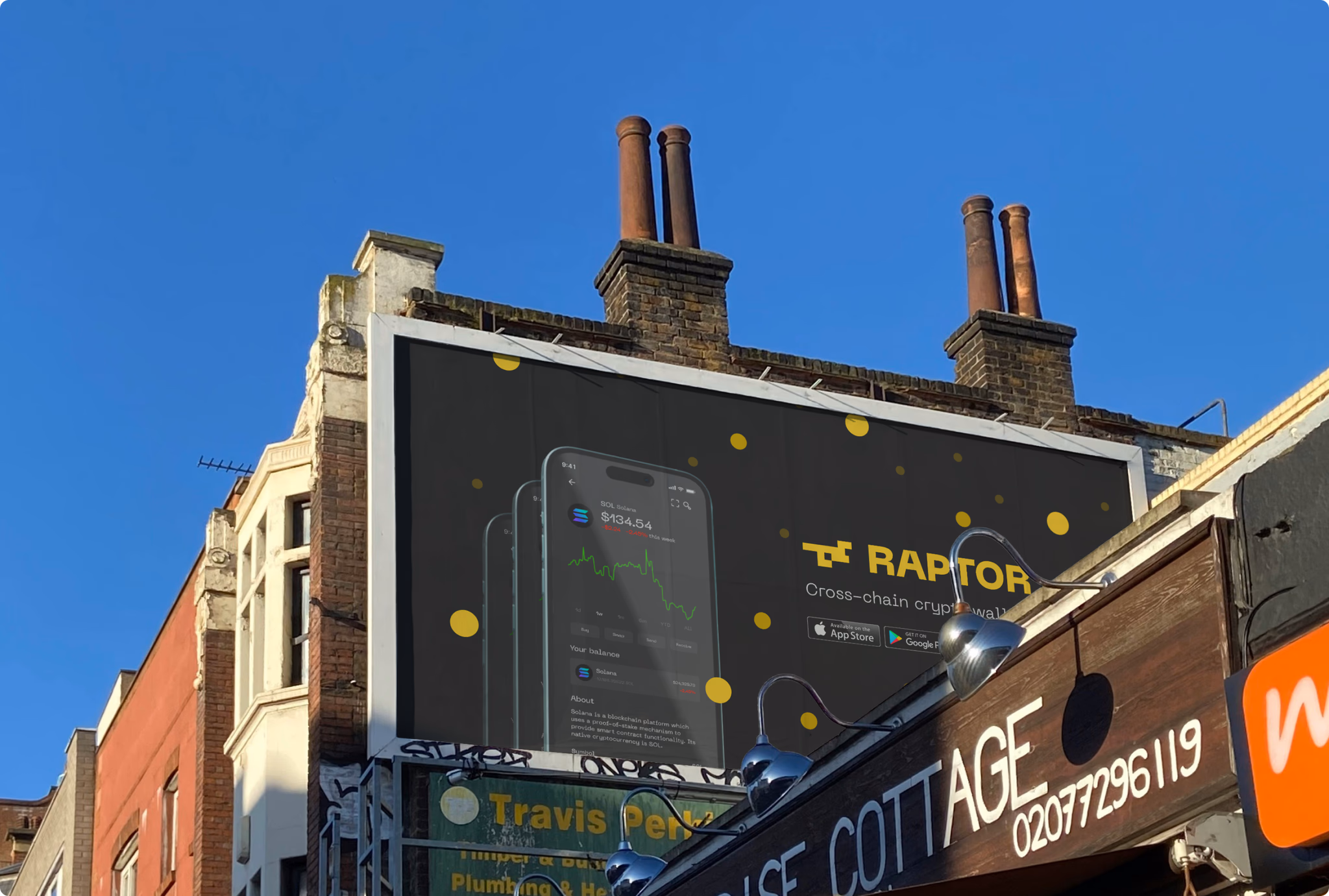 A Raptor billboard mounted above shopfronts on a London street