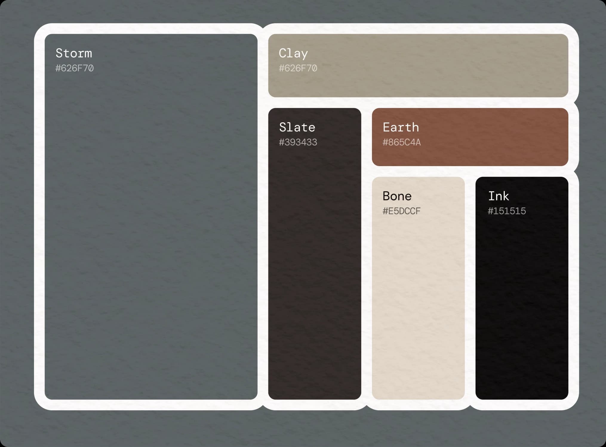 The six-colour palette, each swatch named and given a hex value