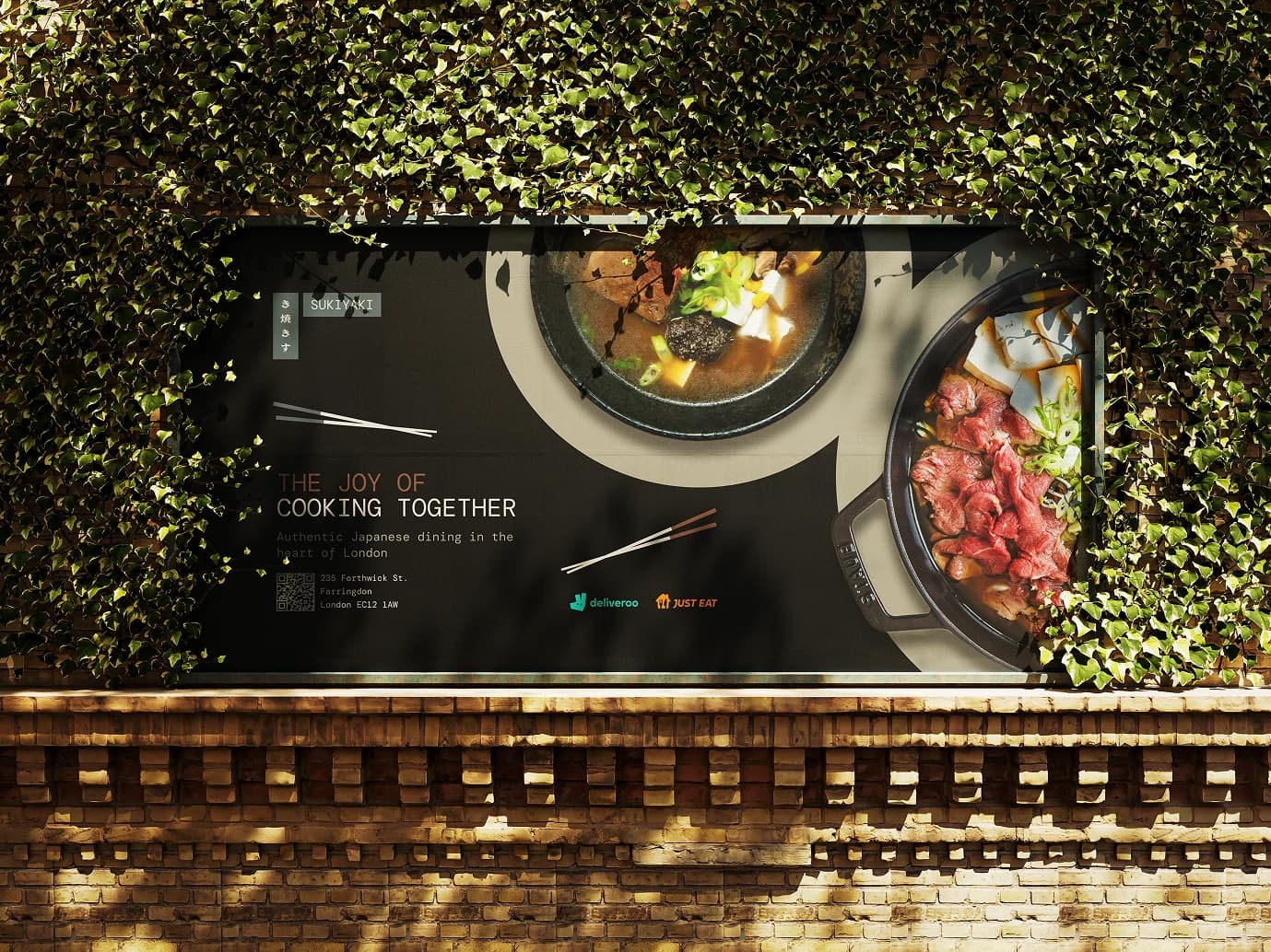 A Sukiyaki billboard on an ivy-covered wall, showing two pots photographed from above