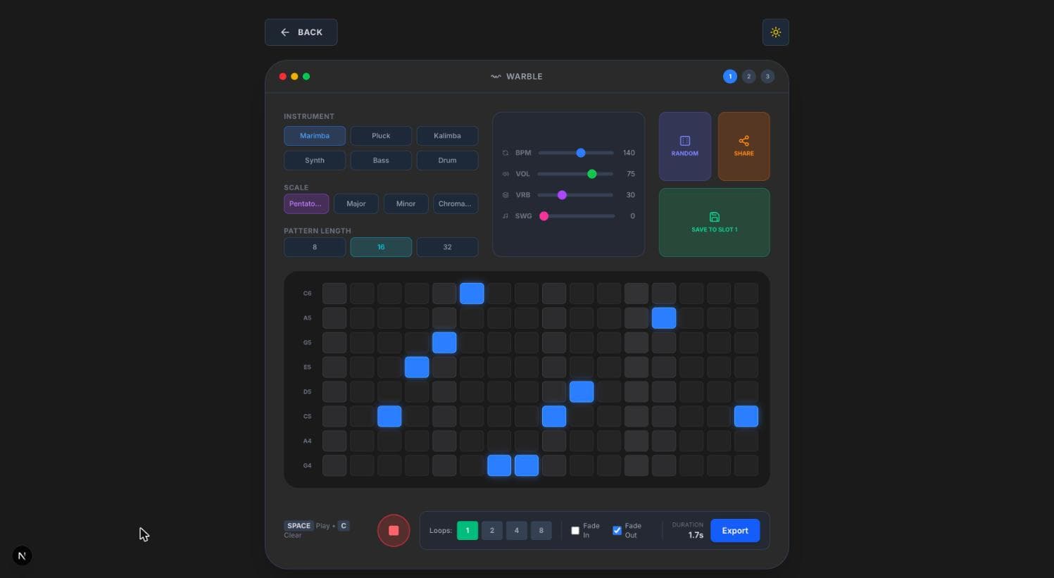 The Warble interface: instrument and scale pickers, a step sequencer, and the transport mid-playback